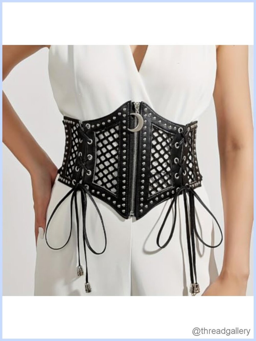 Gothic Moon Rivet Corset Belt Faux Leather Lace Up Wide Waistband for Women